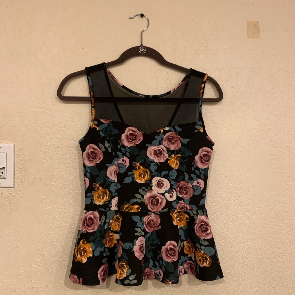 Forever 21 Floral Mesh Open Back Peplum Tank Top